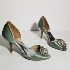 Badgley Mischka Green Satin Jeweled Peep Toe Stiletto Heels